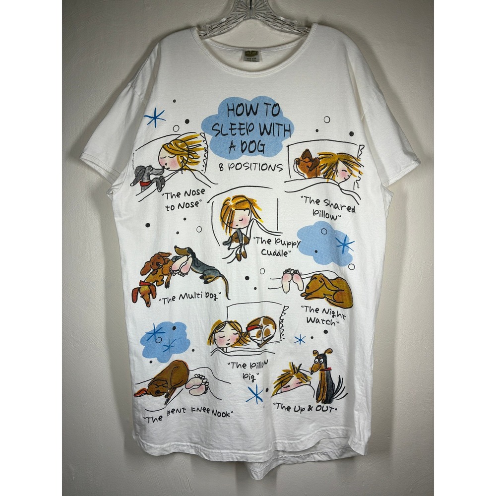 How To Sleep With A Dog Graphic Night Shirt White One Size Cotton Humor Puppy